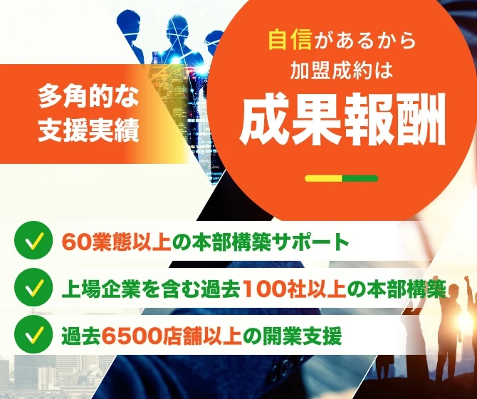 多角的な支援実績｜60業態以上の本部構築サポート｜上場企業を含む過去100社以上の本部構築｜過去6500店舗以上の開業支援